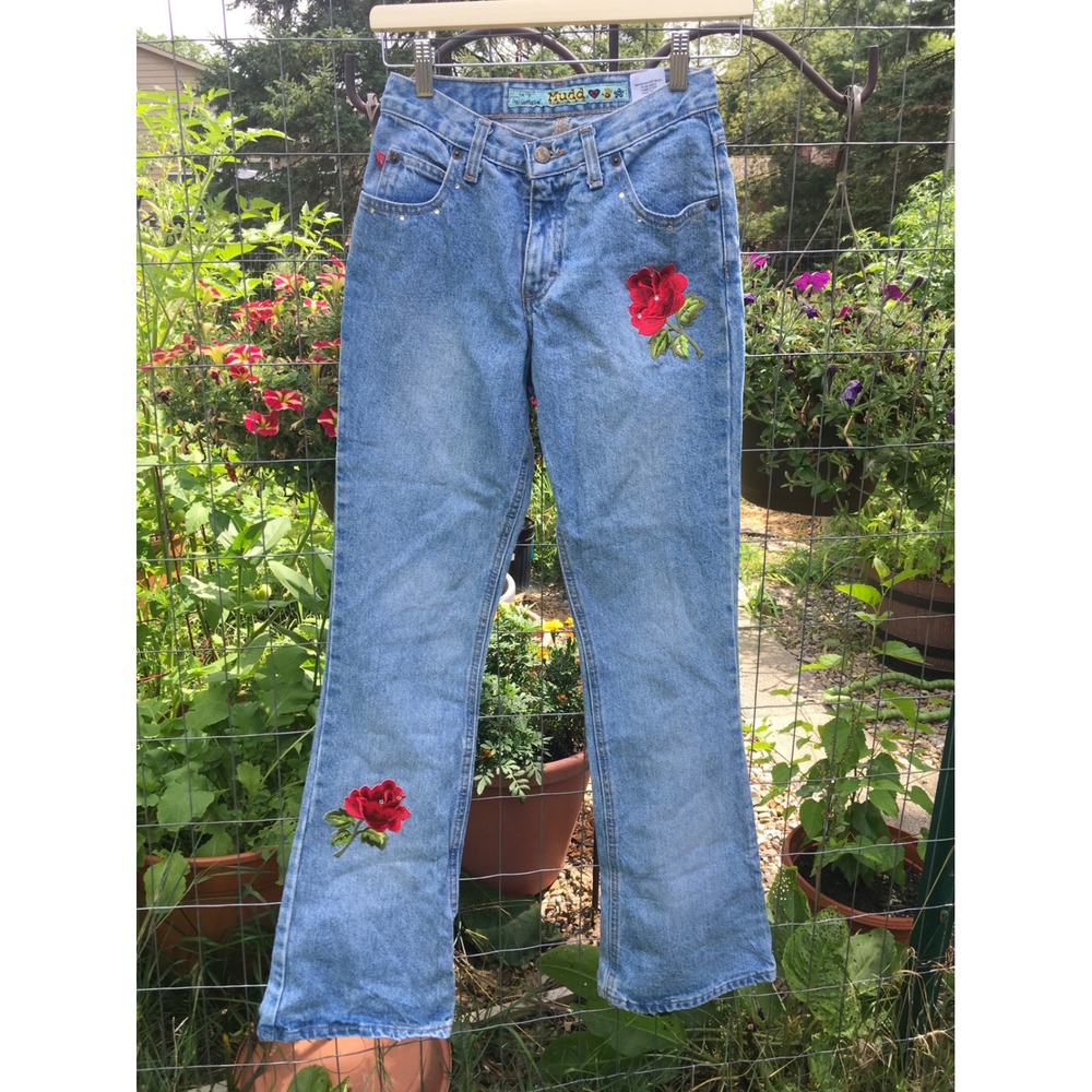 Vintage Mudd Flare Jeans Light Wash Rose Embroidered Y2K Size 1